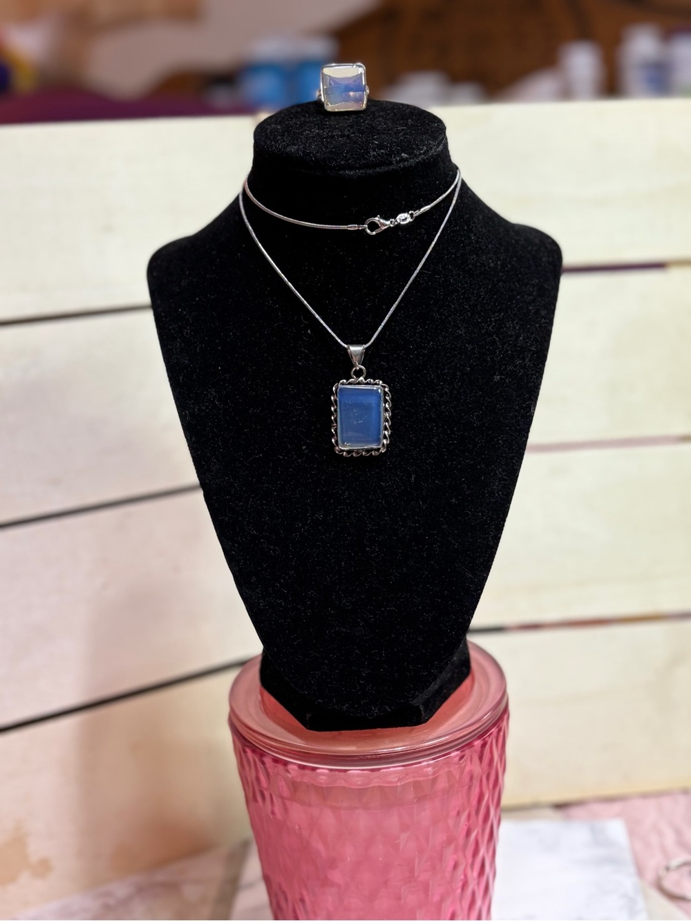Sterling Silver Blue Stone Pendant Necklace& Ring - Elegant Blue Jewelry